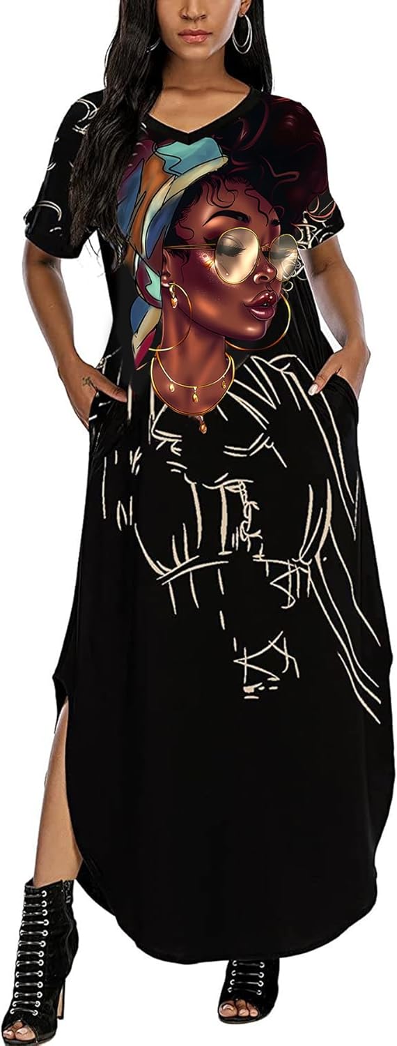 AZPSRT Fashion Women's African American Art Print Dress Casual Loose Dresses