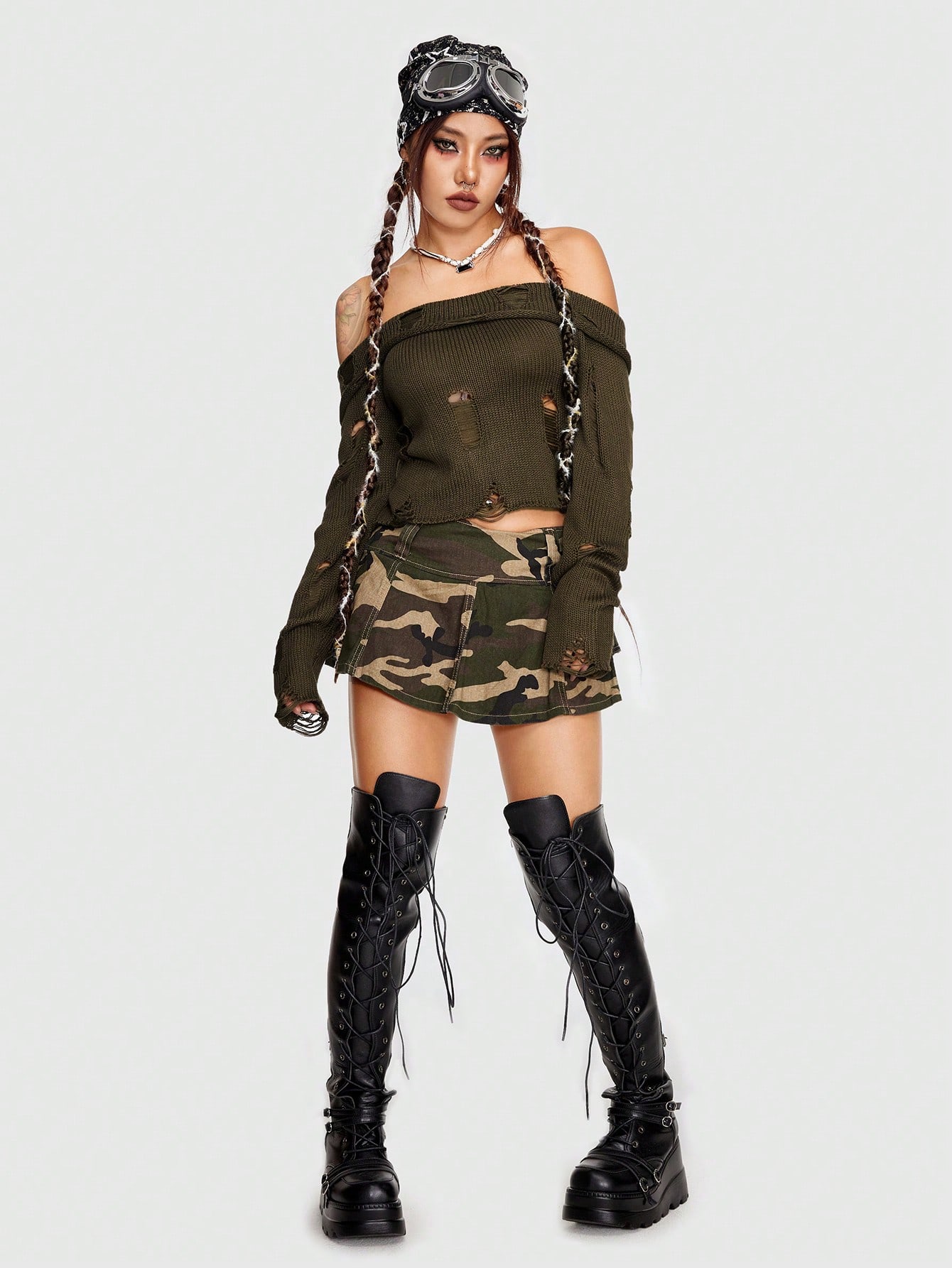 Grunge Punk Cold Shoulder Foldover Front Sweater